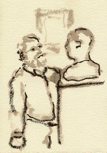 [Image: Jeffrey Carson Admiring a Portrait Bust, January 12, 2012, ink on paper, from the sketchbook]