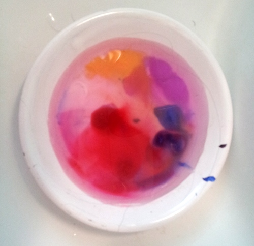 [Image: Dried gouache in a dish / soaks in water in the sink. / A Friedel Dzubas forms.]