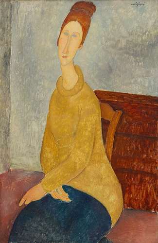 [Image: Amedeo Modigliani, Jeanne Hébuterne with Yellow Sweater, 1918-19. Oil on canvas. 39⅜ x 25½ in. (100 x 64.7 cm). Solomon R. Guggenheim Museum, By gift 37.533. Image provided by Solomon R. Guggenheim Foundation / Art Resource, New York]